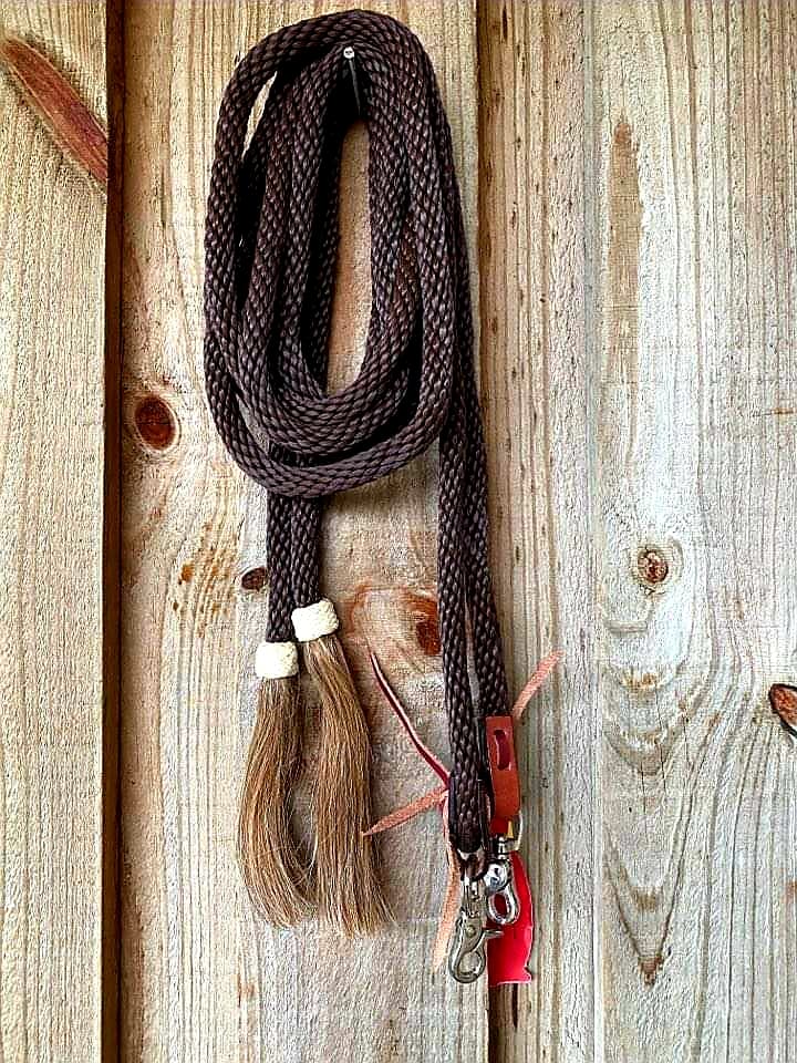 Reins - ® 8ft round braided nylon split reins with horse hair ends