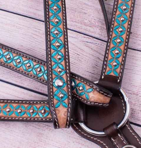 Western Tack Set - Turquoise Floral Painted 2 Tone Leather Breastplate