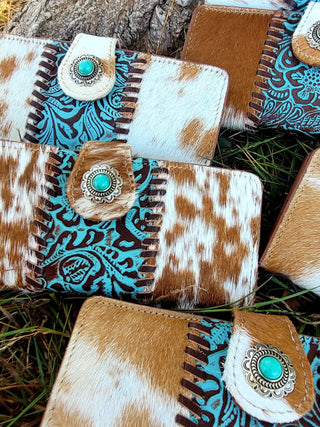 Western Hide & Leather Tooled Turquoise Wallet
