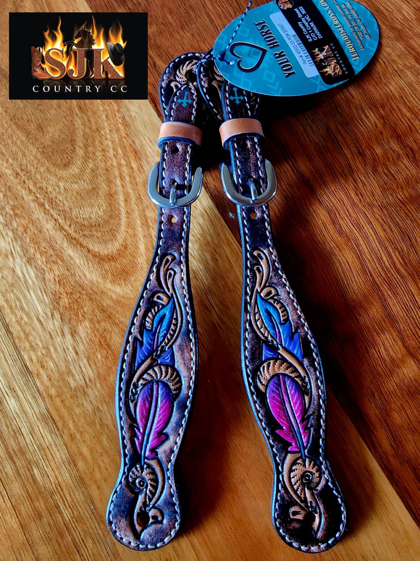 Strap - Ladies Turquoise Cross by Weaver Feather Tooled Leather Spur Strap